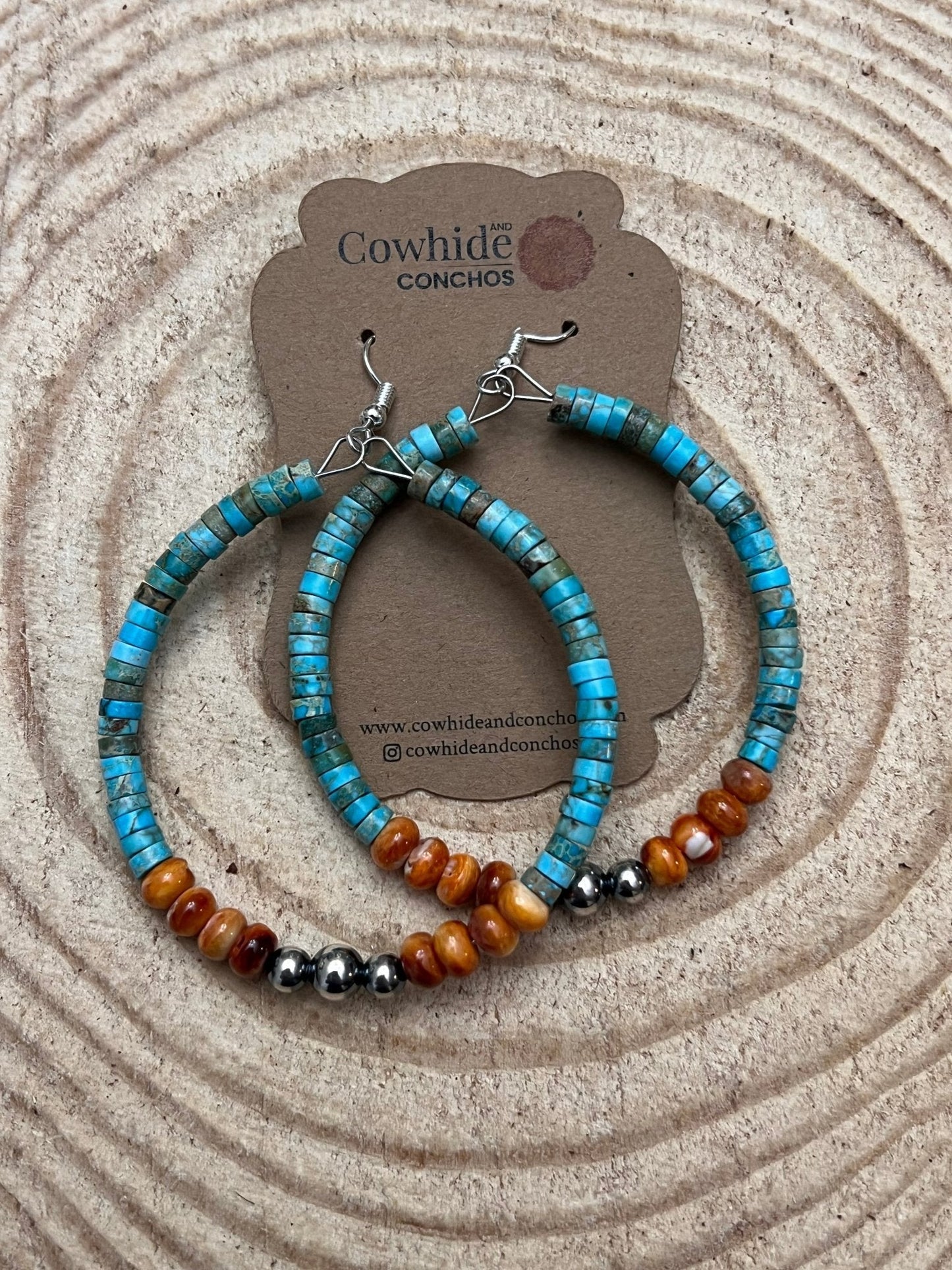 Variscite Turquoise & Spiny Oyster 2.25” Statement Hoop Earrings with Sterling Pearl