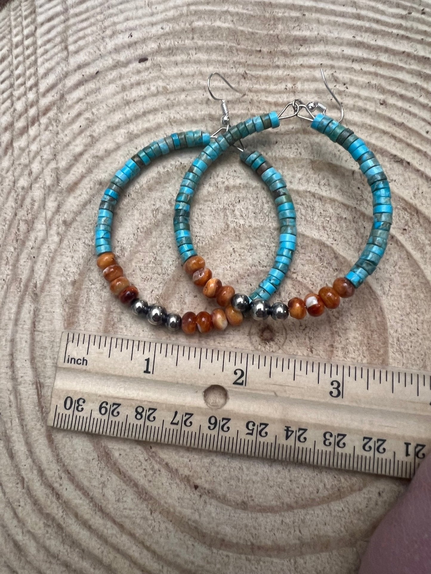 Variscite Turquoise & Spiny Oyster 2.25” Statement Hoop Earrings with Sterling Pearl