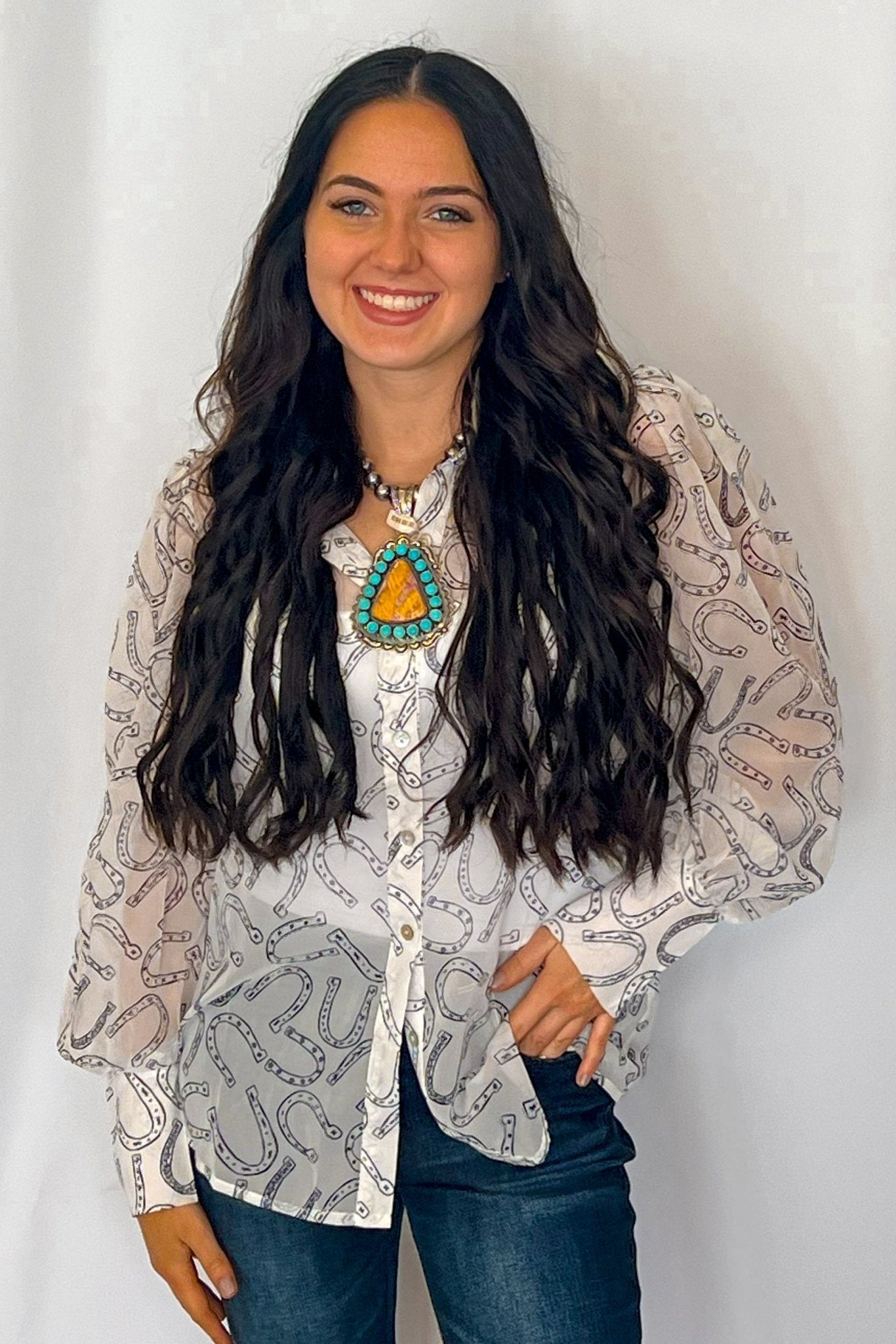 Turquoise Haven Sheer Chiffon Horseshoe Print Western Blouse — Black & White Lightweight Layering Top (Small and Large remaining)