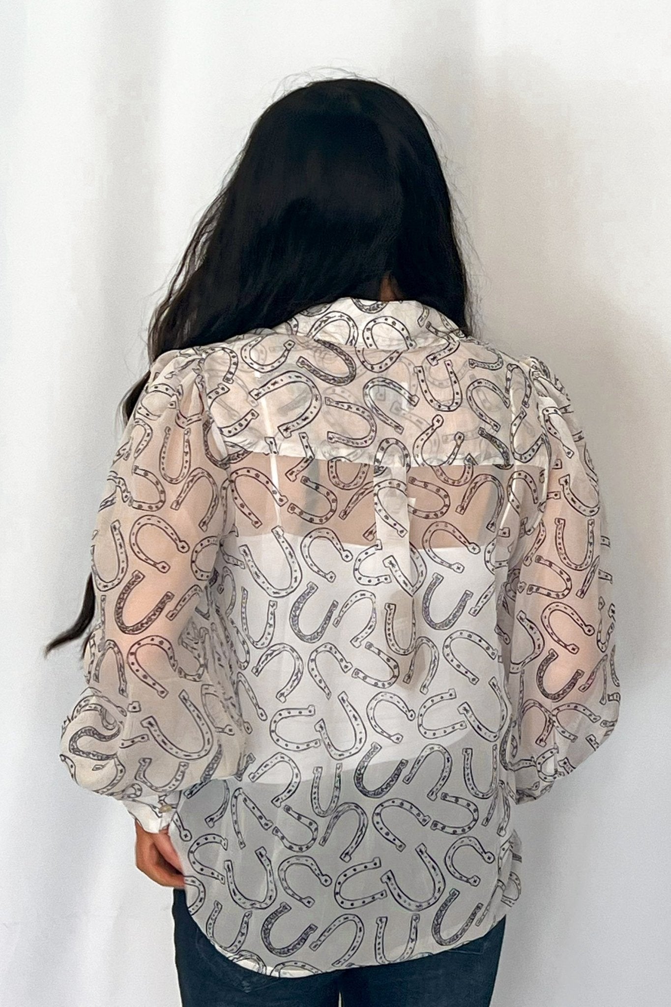 Turquoise Haven Sheer Chiffon Horseshoe Print Western Blouse — Black & White Lightweight Layering Top (Small and Large remaining)