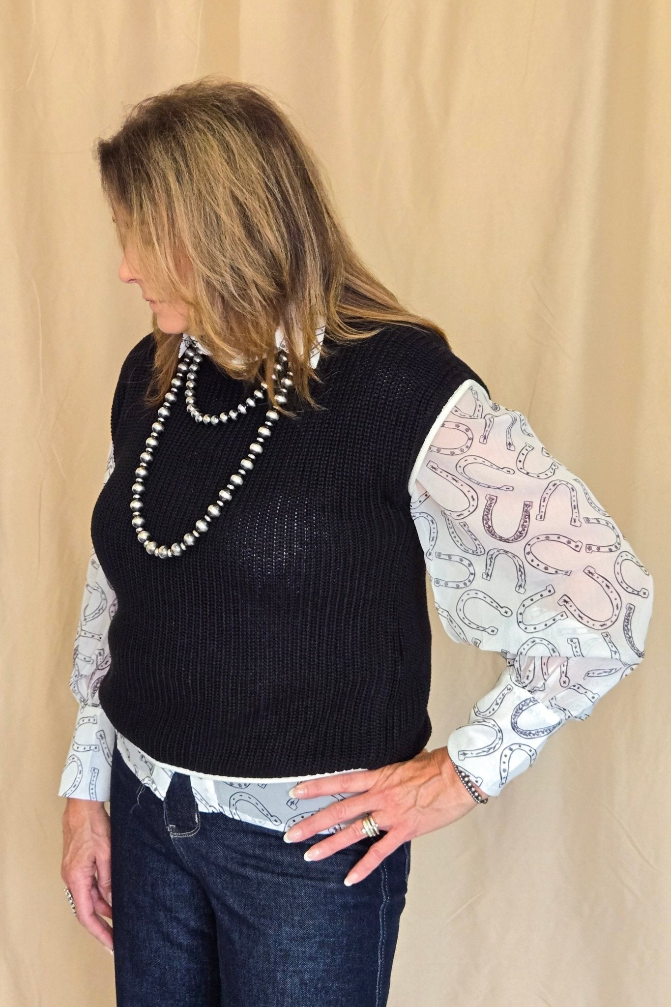 Turquoise Haven Sheer Chiffon Horseshoe Print Western Blouse — Black & White Lightweight Layering Top (Small and Large remaining)