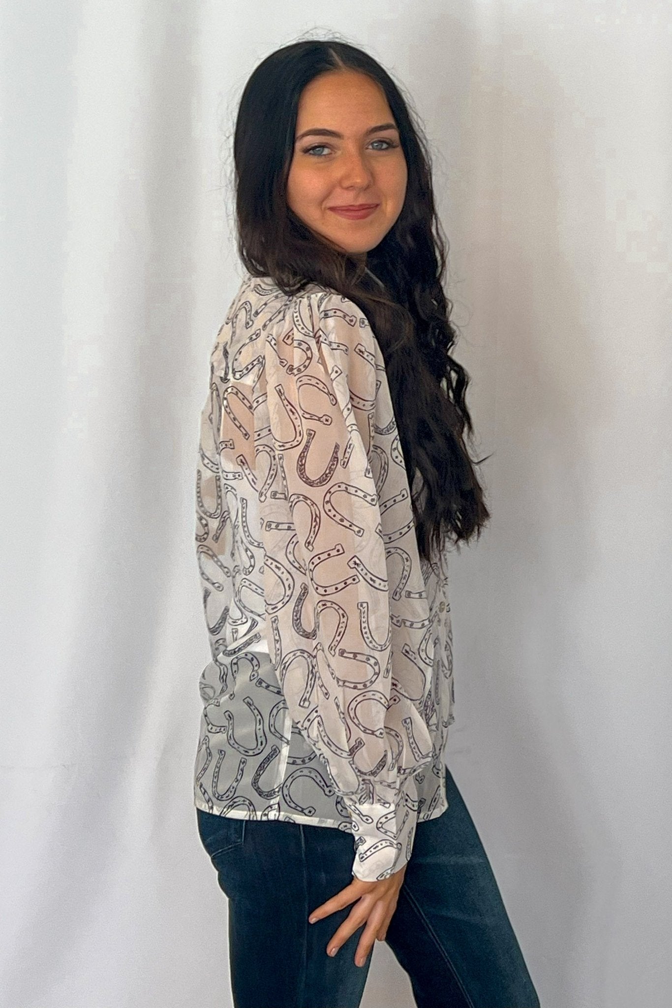 Turquoise Haven Sheer Chiffon Horseshoe Print Western Blouse — Black & White Lightweight Layering Top (Small and Large remaining)