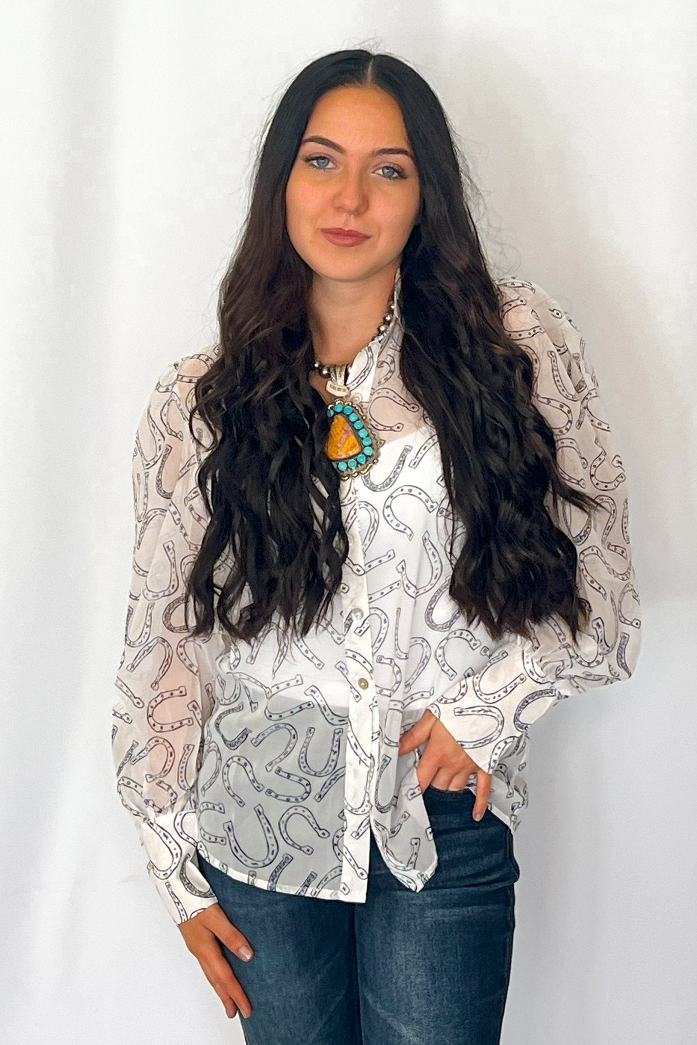 Turquoise Haven Sheer Chiffon Horseshoe Print Western Blouse — Black & White Lightweight Layering Top (Small and Large remaining)