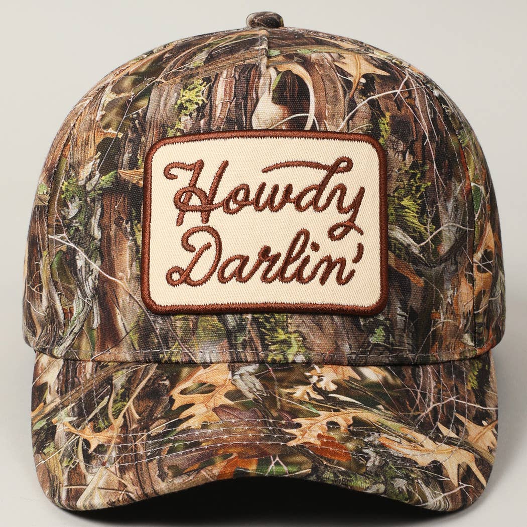 "Howdy Darlin'" Realtree Camo Patch Trucker Hat — 100% Cotton with Adjustable Snapback