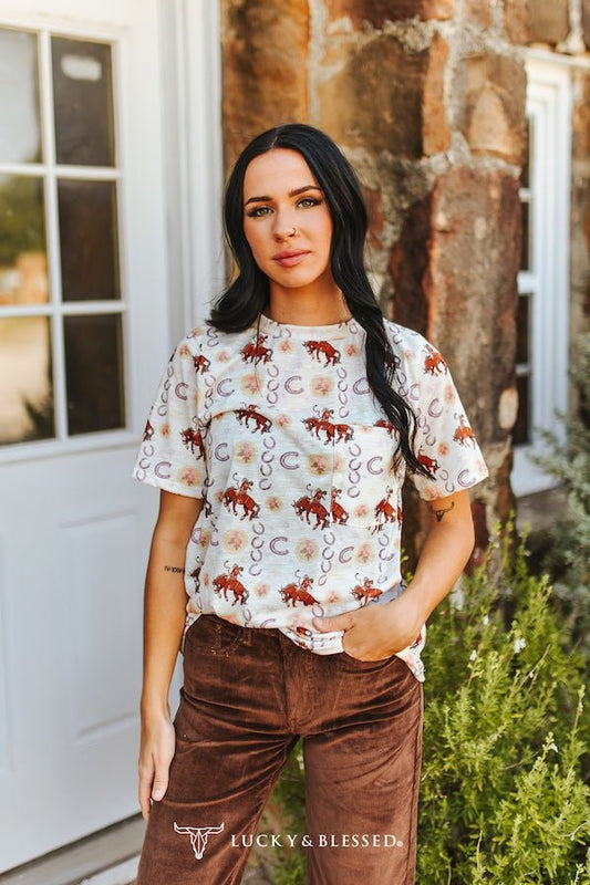Vintage Rodeo Cowboy & Horseshoe All-Over Print Western Pocket Tee — Ivory Knit Premium Western Staple