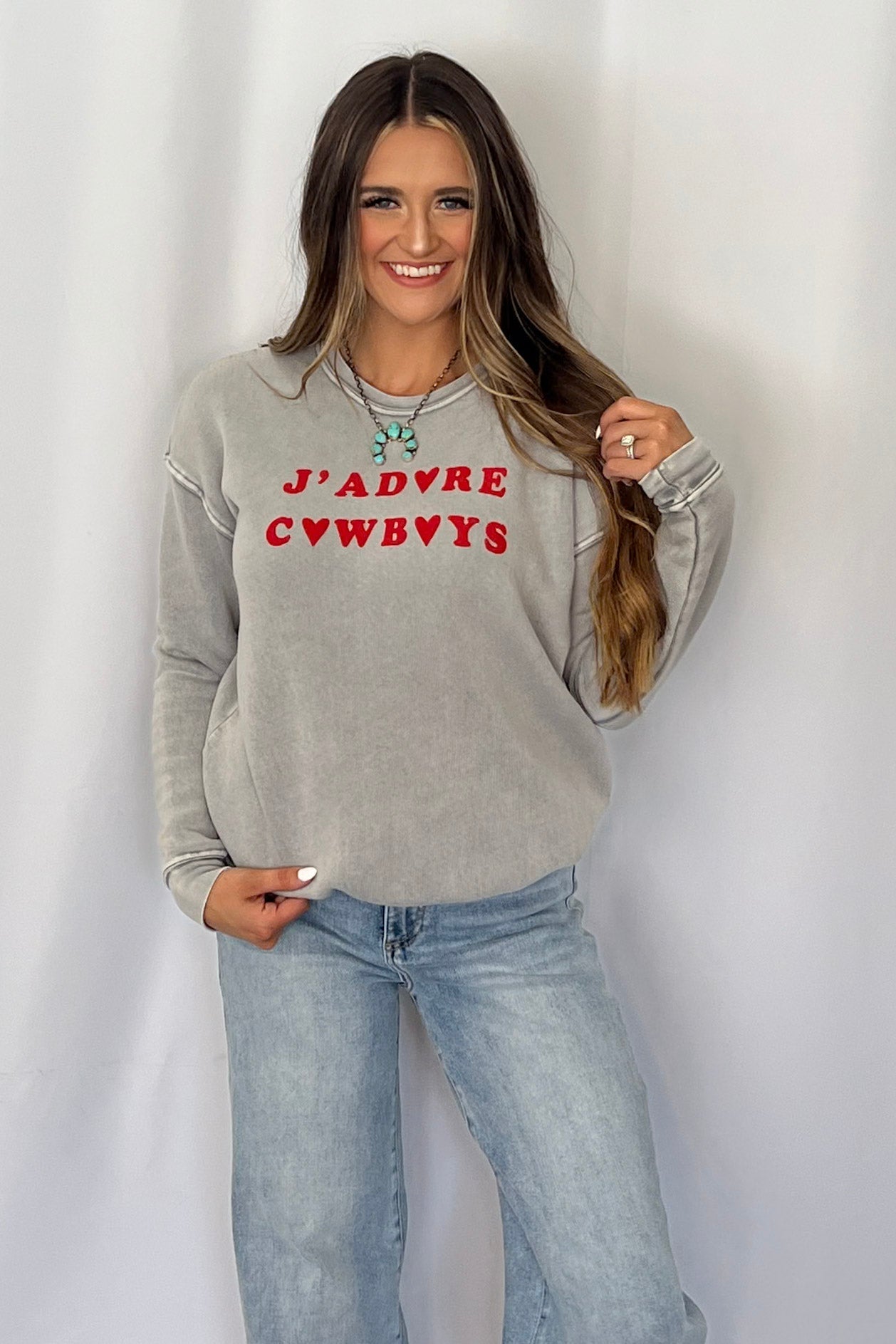 "J Adore Cowboys" Western Mineral Wash Graphic Sweatshirt — Vintage Soft Brushed Pullover