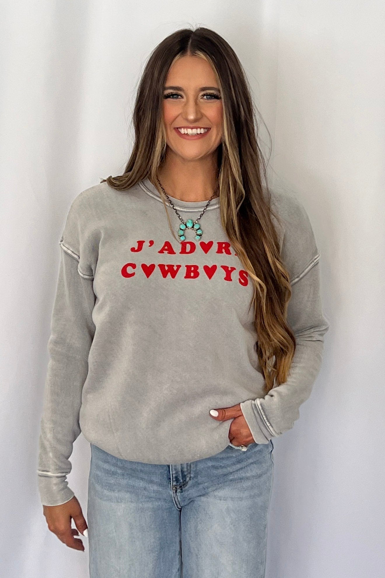 "J Adore Cowboys" Western Mineral Wash Graphic Sweatshirt — Vintage Soft Brushed Pullover