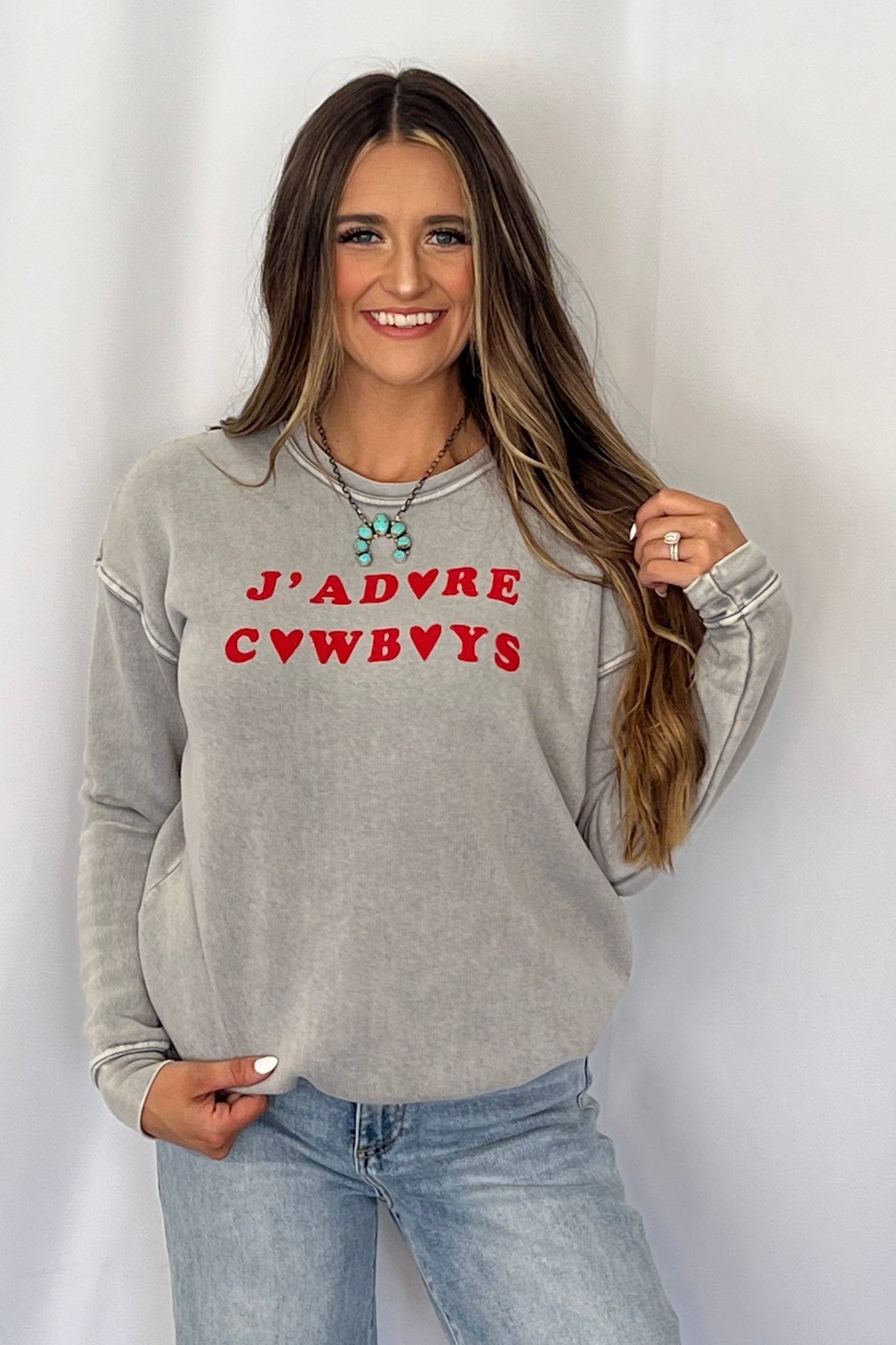"J Adore Cowboys" Western Mineral Wash Graphic Sweatshirt — Vintage Soft Brushed Pullover