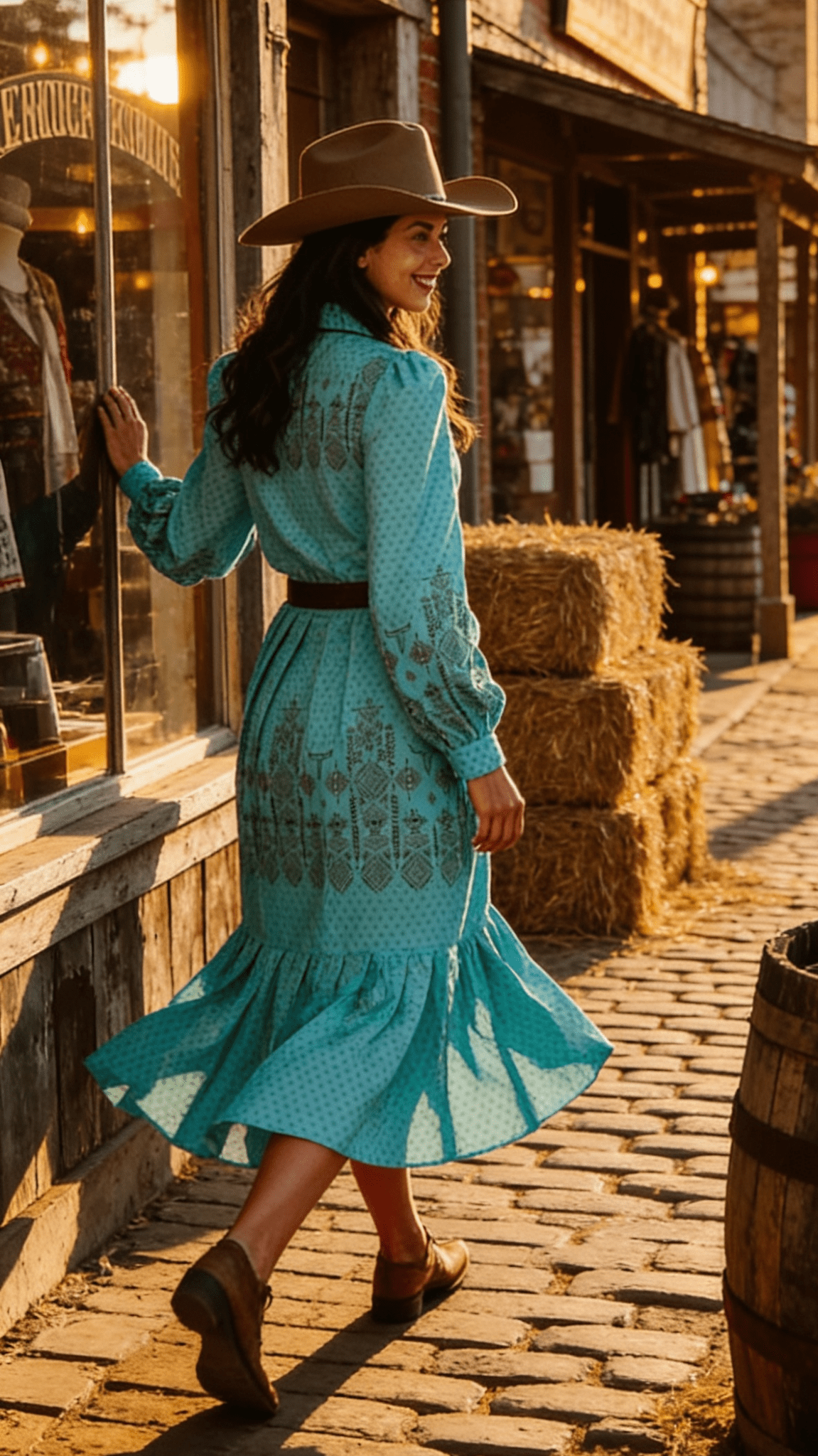 LUCKY & BLESSED "Jade Aztec" Pearl Snap Long-Sleeve Pleated Western Dress — Bold Aztec Print with Pleated Skirt