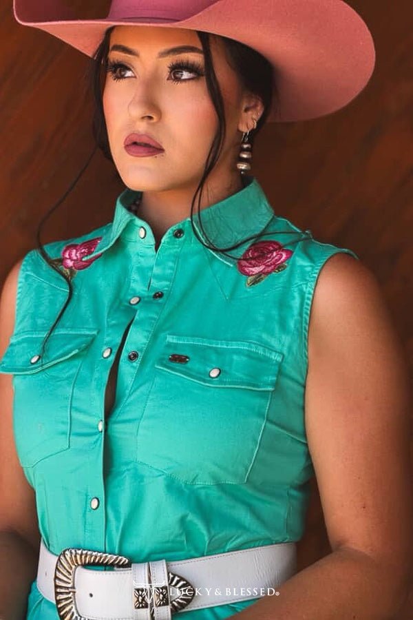 LUCKY & BLESSED "Jade" Pearl Snap Floral Embroidered Sleeveless Stretch Western Tunic Dress