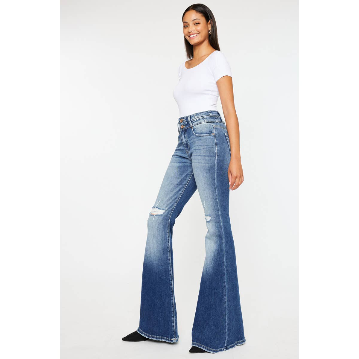 Kan Can High-Rise Super Flare Western Jeans — Dark Stone Wash with Two-Button Zip Fly & Distressed Detailing (Size 7 available)