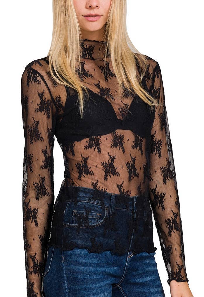 Vanilla Monkey Western Sheer Lace Long Sleeve Layering Top — Floral Lace Stretch Blend (4 Color Choices)