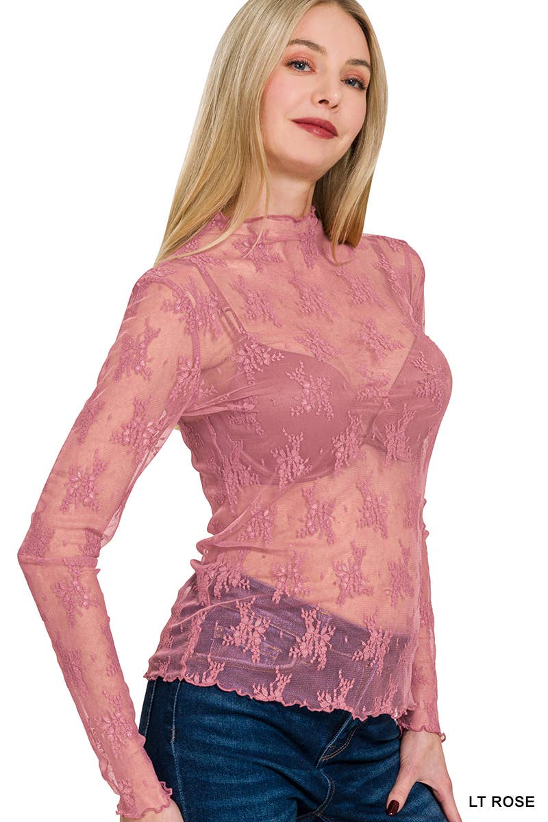 Vanilla Monkey Western Sheer Lace Long Sleeve Layering Top — Floral Lace Stretch Blend (4 Color Choices)
