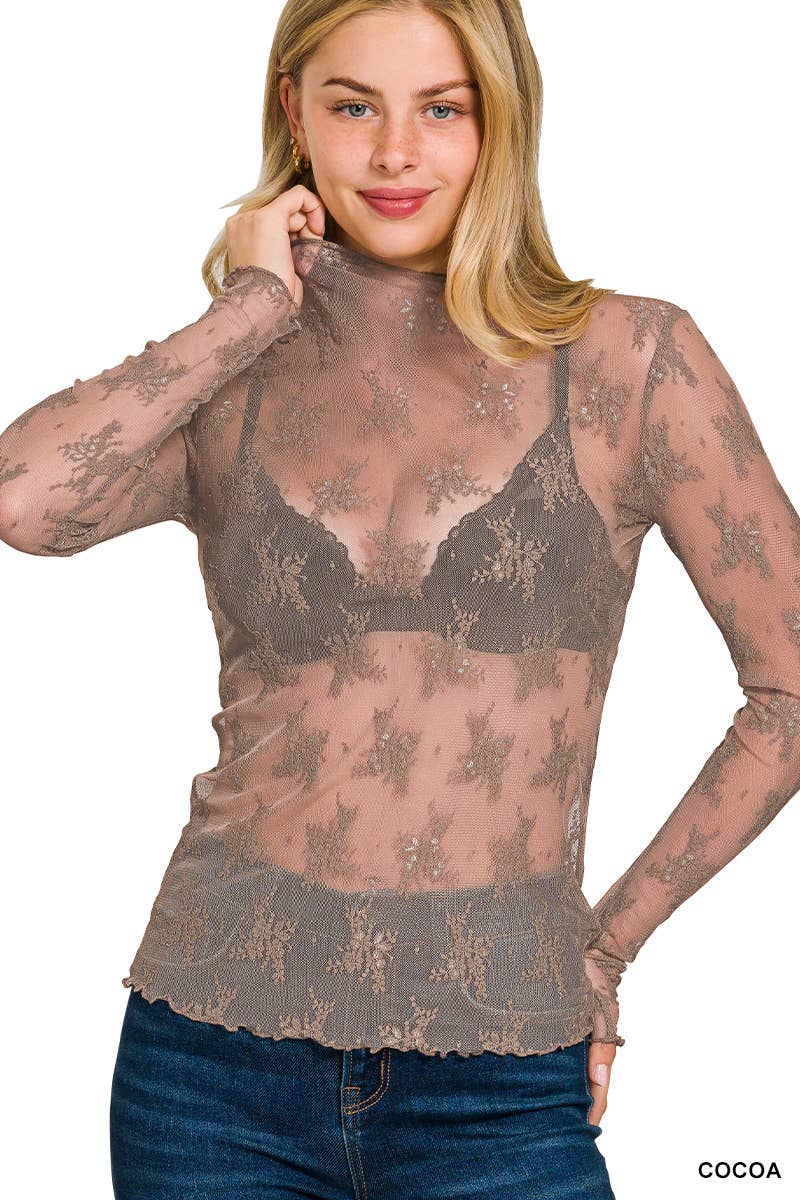 Vanilla Monkey Western Sheer Lace Long Sleeve Layering Top — Floral Lace Stretch Blend (4 Color Choices)