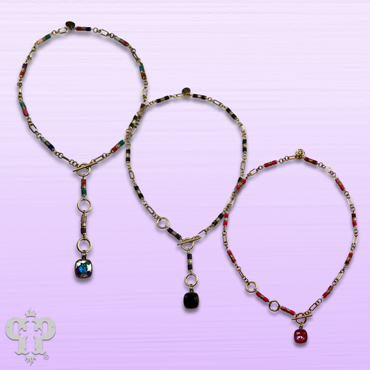 Cylinder stone linked bead with toggle closure and Austrian crystal necklace - LC