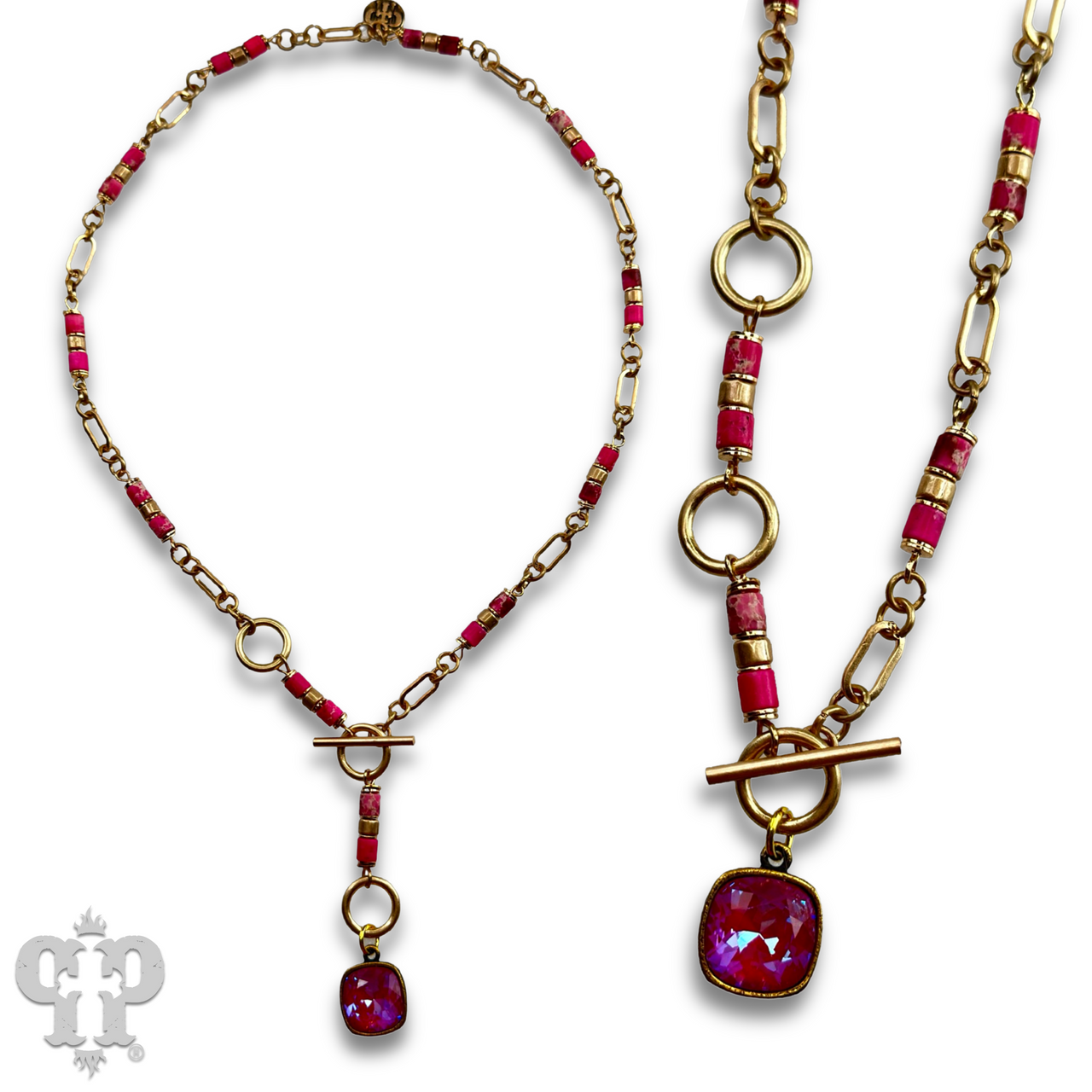 Cylinder stone linked bead with toggle closure and Austrian crystal necklace - LC