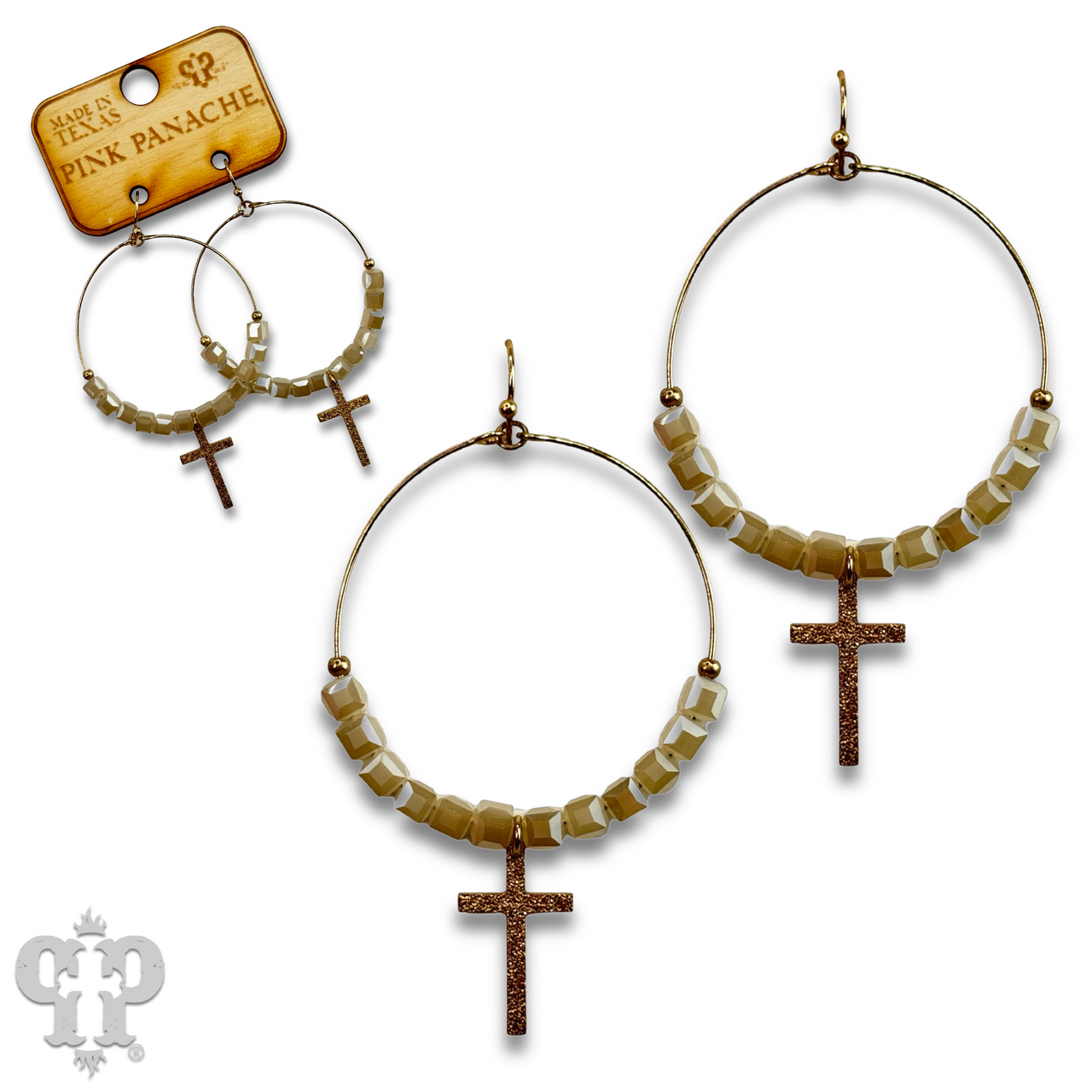 Square crystal bead earring with small gold cross charm, last call
