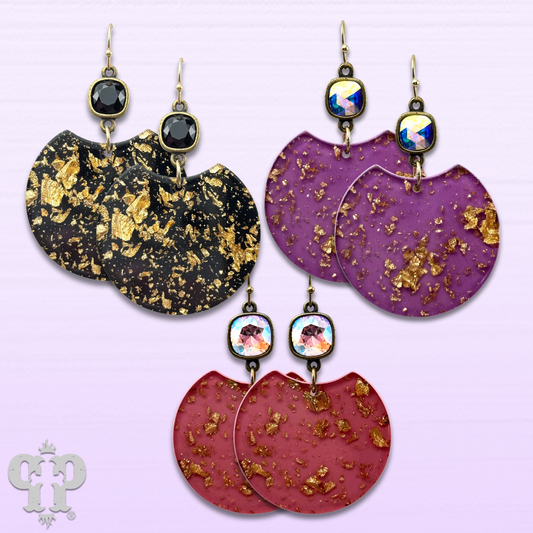 Acrylic disc earring with gold flecks and Austrian crystal - last call