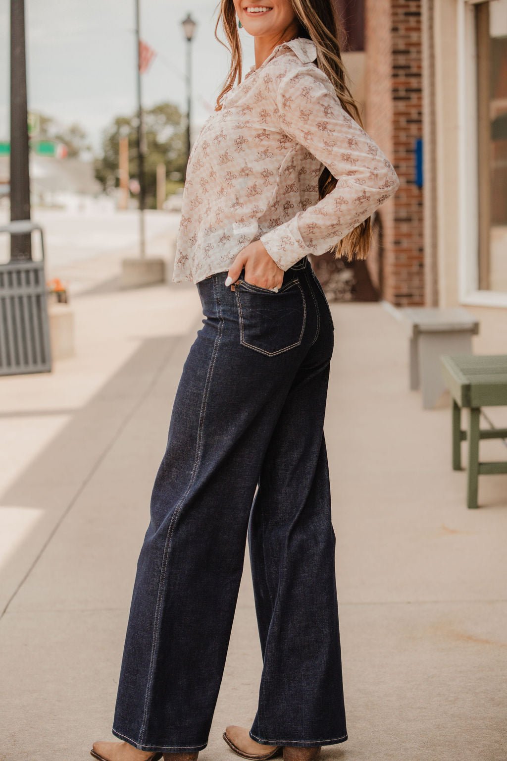 Blue B "Let'r Buck" Western Chiffon Button-Down Blouse — Soft Feminine Rodeo Print
