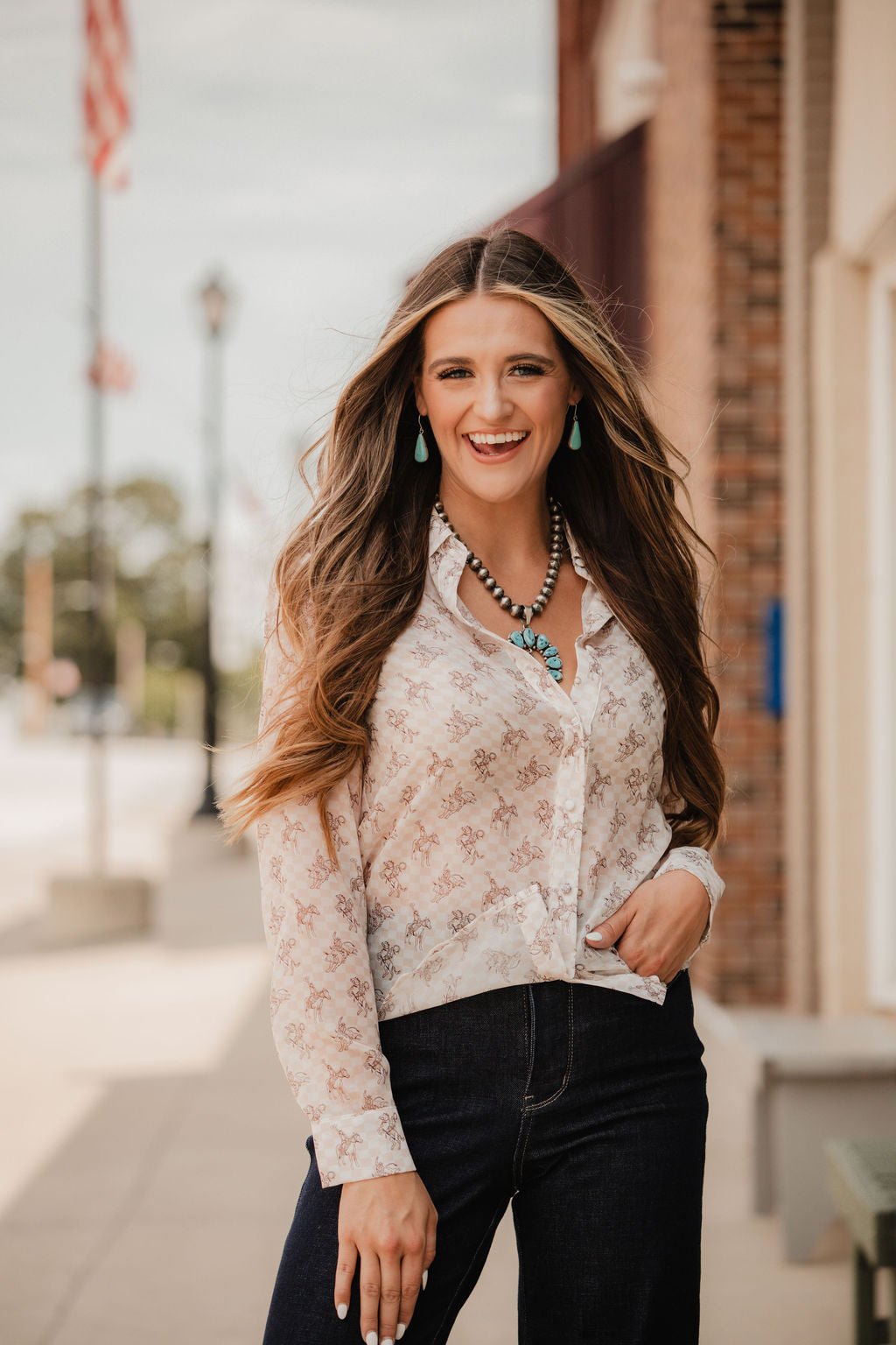 Blue B "Let'r Buck" Western Chiffon Button-Down Blouse — Soft Feminine Rodeo Print