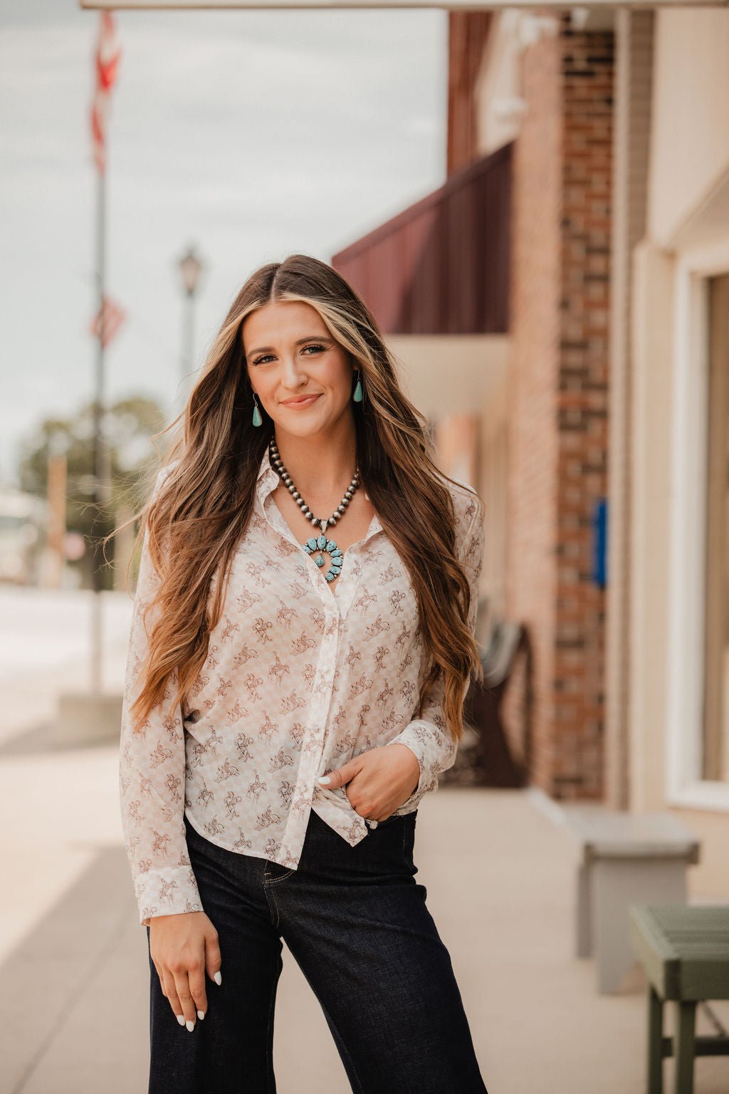 Blue B "Let'r Buck" Western Chiffon Button-Down Blouse — Soft Feminine Rodeo Print