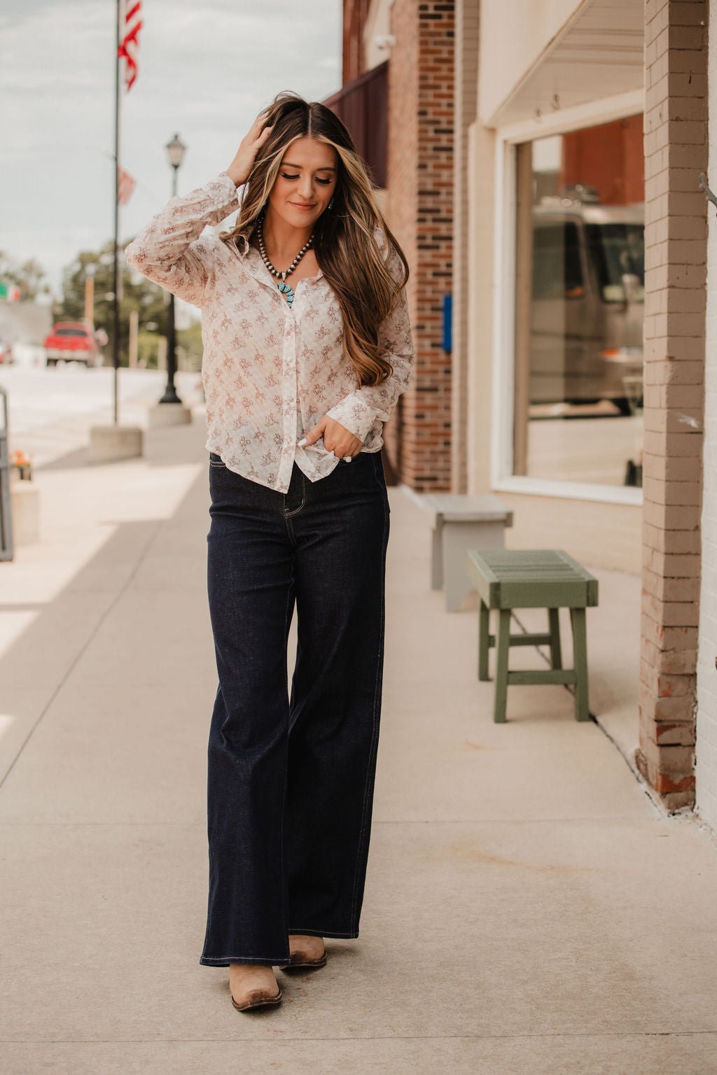 Blue B "Let'r Buck" Western Chiffon Button-Down Blouse — Soft Feminine Rodeo Print