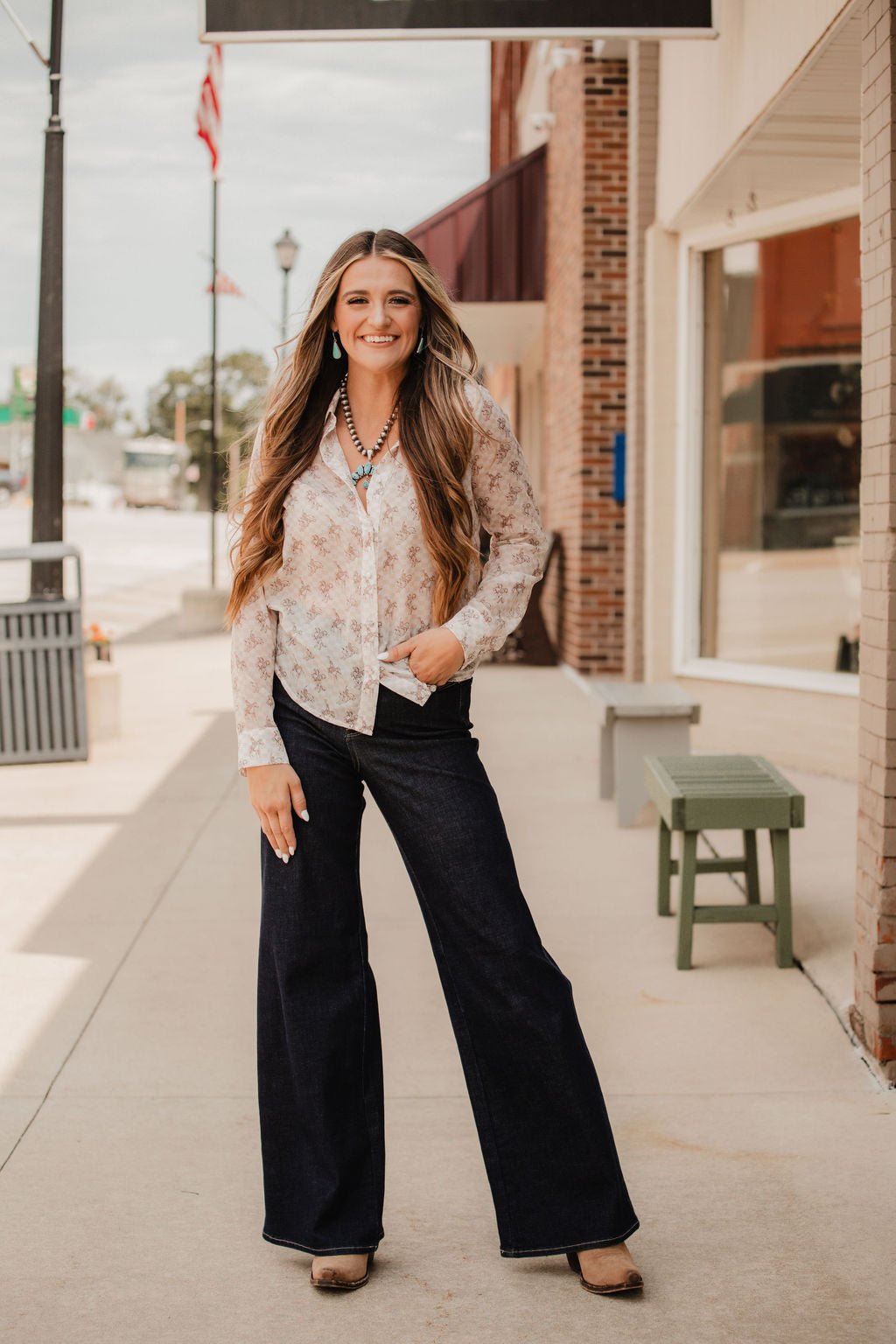 Blue B "Let'r Buck" Western Chiffon Button-Down Blouse — Soft Feminine Rodeo Print