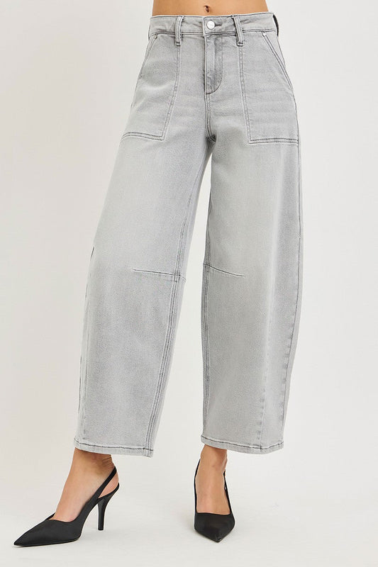 Light Gray Slouchy Cropped Barrel Jeans by Risen