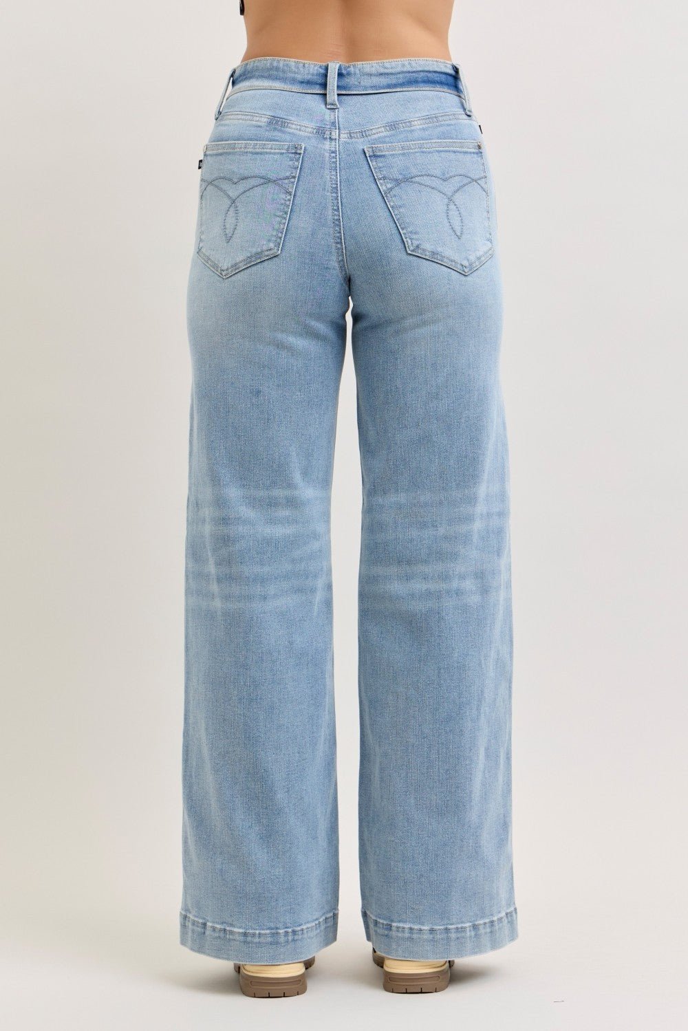 Light Wash Mid Rise Retro Wide Leg Jeans Fold-Over Waistband by Judy Blue