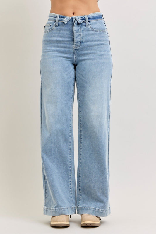 Light Wash Mid Rise Retro Wide Leg Jeans Fold-Over Waistband by Judy Blue