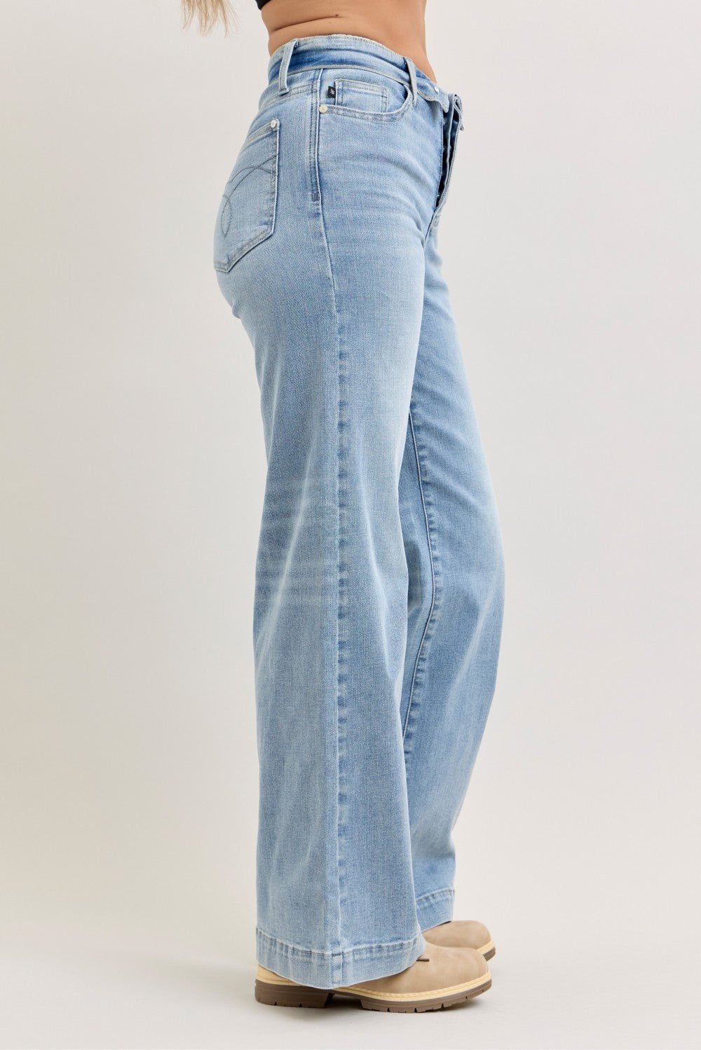 Light Wash Mid Rise Retro Wide Leg Jeans Fold-Over Waistband by Judy Blue
