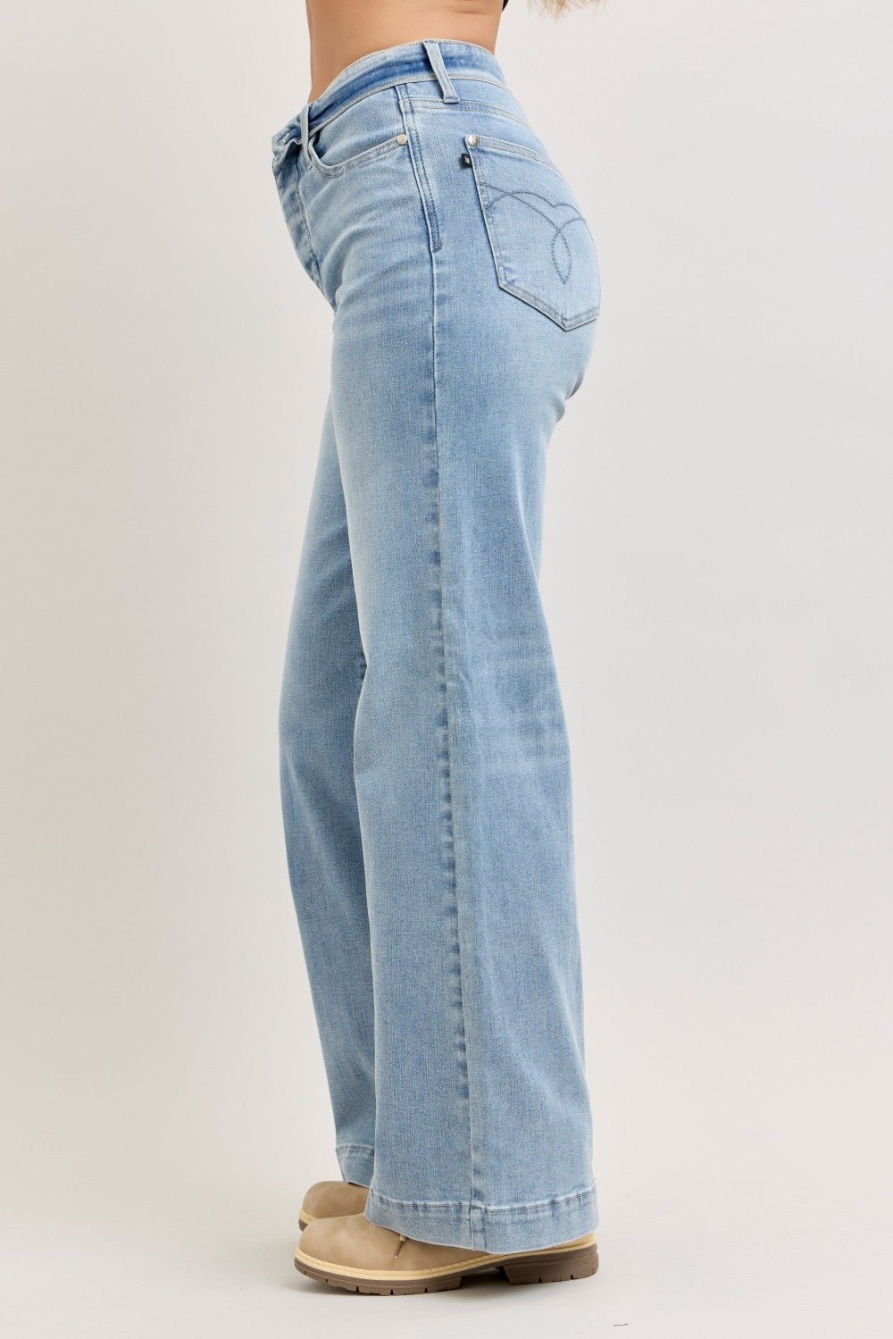 Light Wash Mid Rise Retro Wide Leg Jeans Fold-Over Waistband by Judy Blue