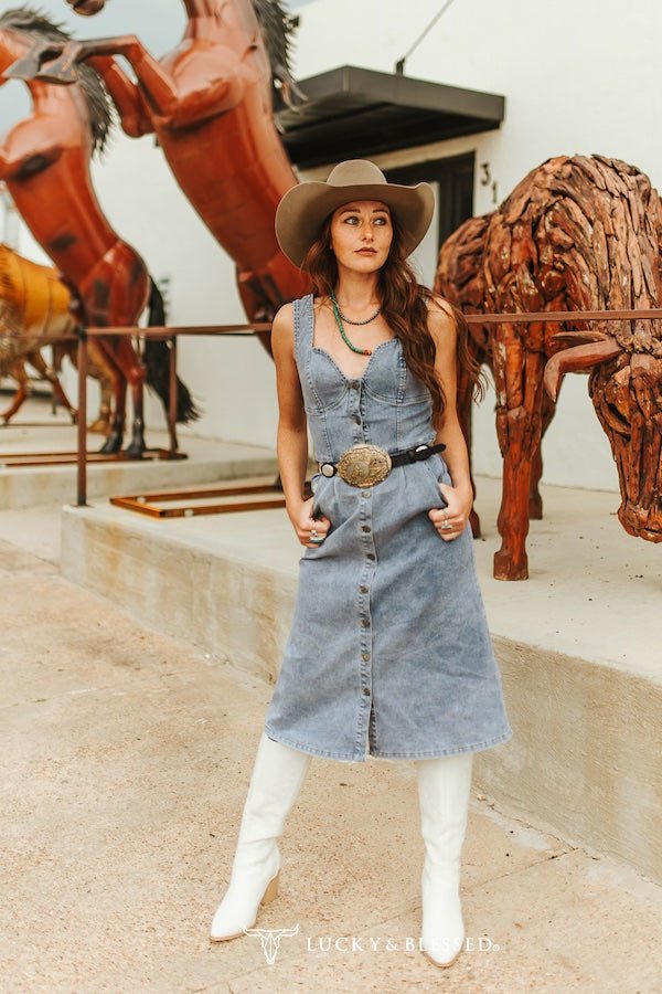 LUCKY & BLESSED Light Wash Western Stretch Denim Button-Down Maxi Dress — V-Neck with Adjustable Straps & Side Pockets