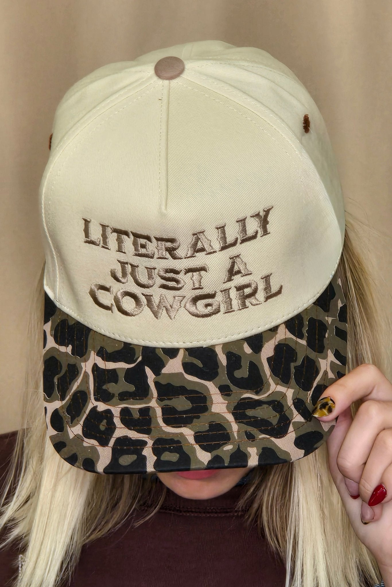 "Literally Just a Cowgirl" Leopard Brim Trucker Hat — Cream Front with Bold Embroidery (Multiple Thread Colors)