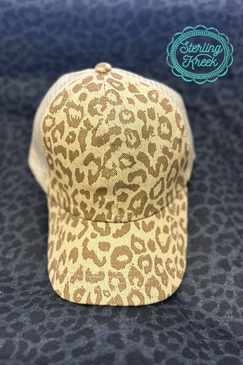 Sterling Kreek "Living in Leopard" Tan Baseball Cap — Criss-Cross Ponytail Back