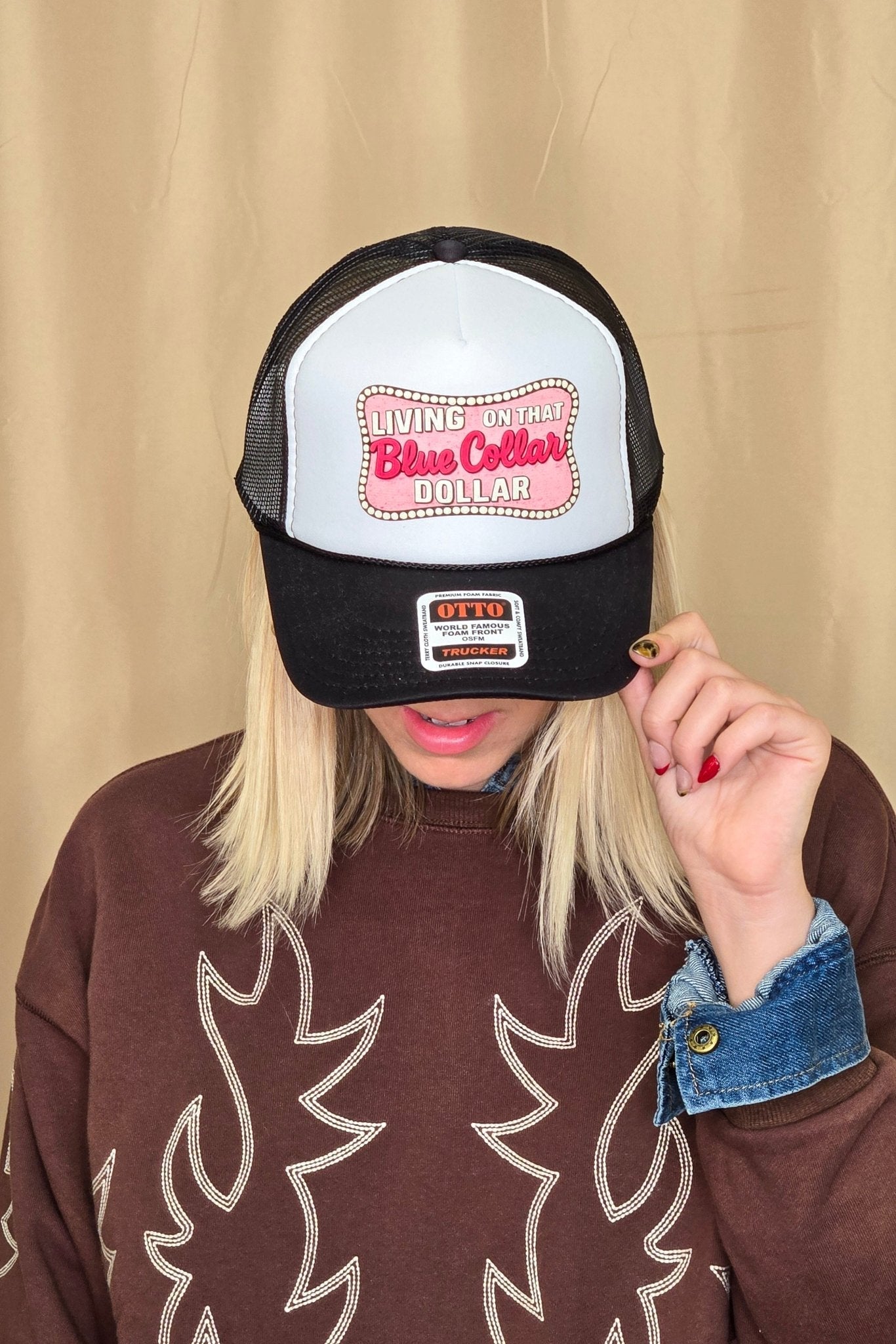 "Living on That Blue Collar Dollar" Trucker Hat — Otto 5-Panel Foam Front with Breathable Mesh Back