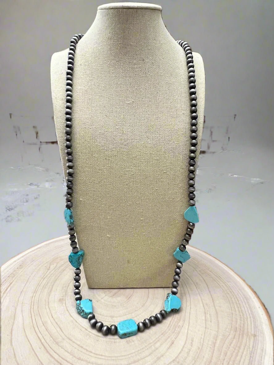 Western Long Faux Turquoise Nugget & Sterling Pearl Statement Necklace — 48 Inch