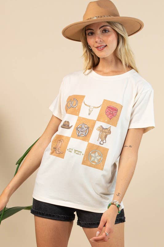 Avery "Maggie" Western Elements Retro Checker Graphic Tee — Iconic Western Checkerboard Print with Relaxed Fit