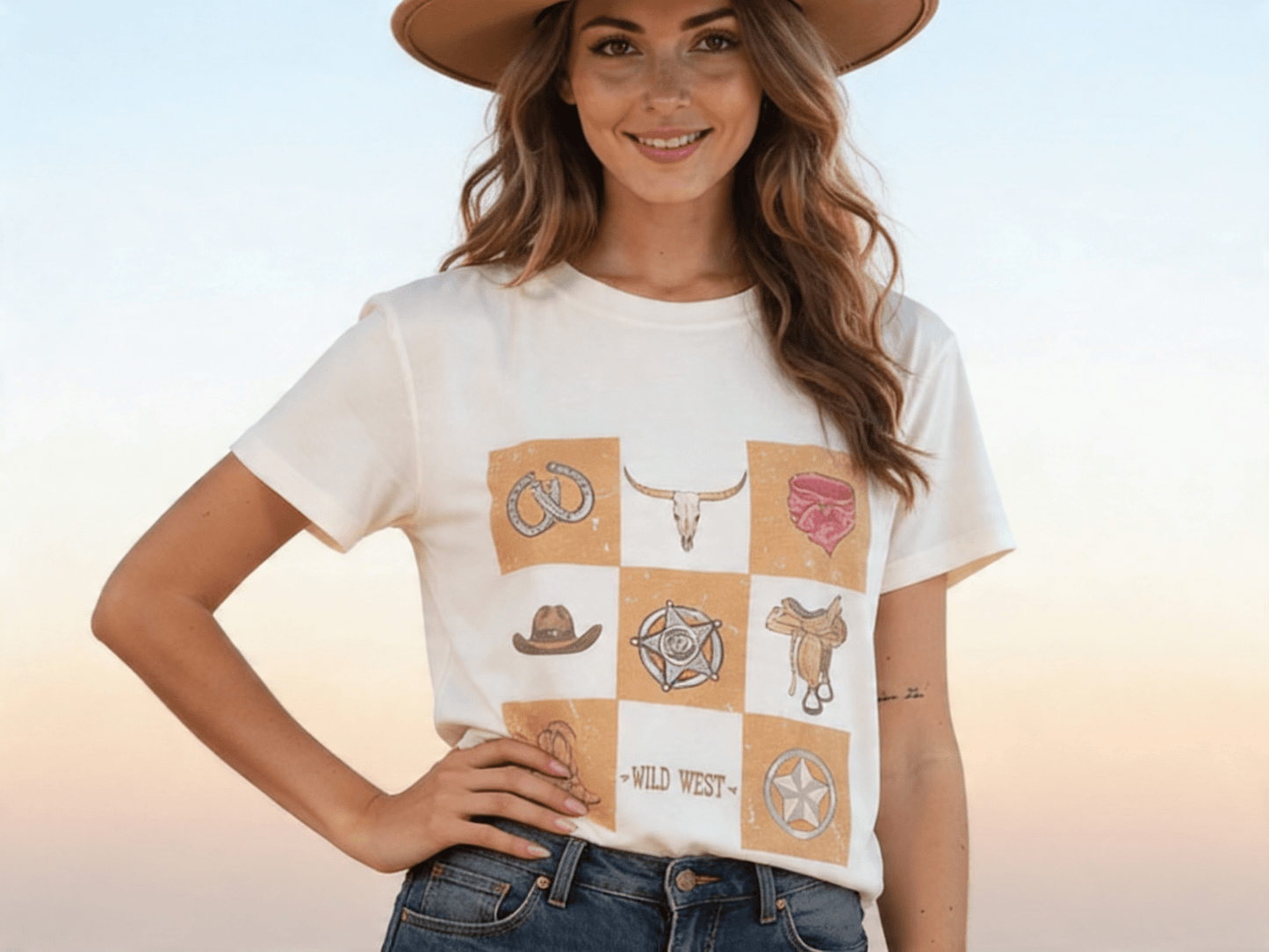 Avery "Maggie" Western Elements Retro Checker Graphic Tee — Iconic Western Checkerboard Print with Relaxed Fit