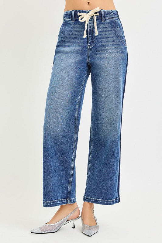 Medium Wash Elastic Band High Rise Cropped Wide Jeans by Risen