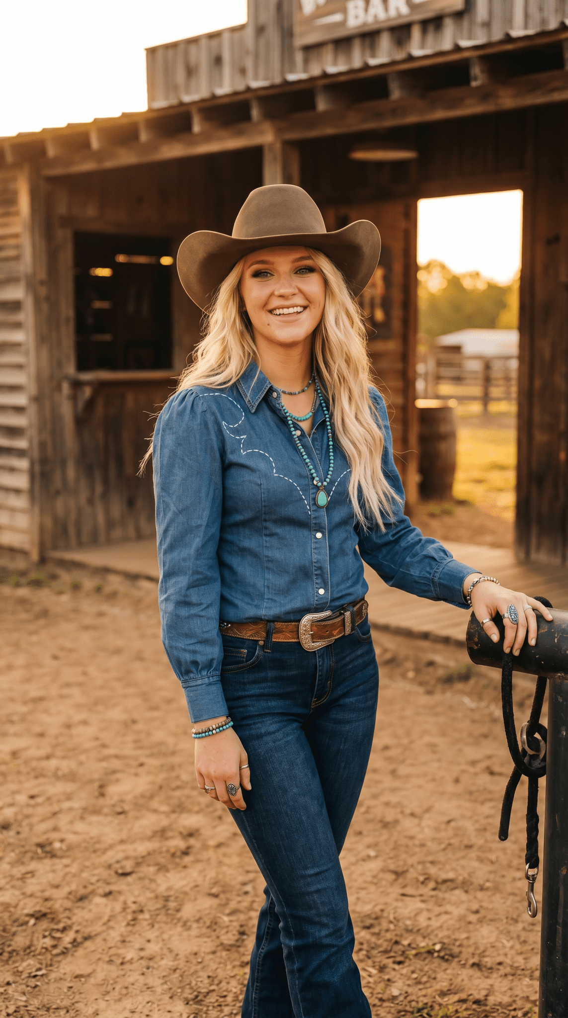 LUCKY & BLESSED Mid Wash Stretch Denim Pearl Snap Western Shirt — Bold Contrast Boot-Stitch Embroidery (Long Sleeve)
