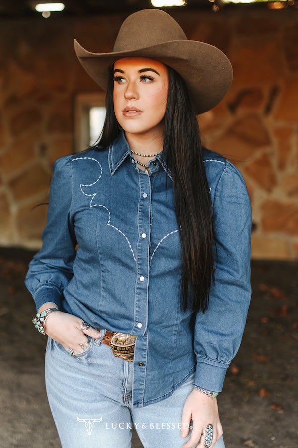 LUCKY & BLESSED Mid Wash Stretch Denim Pearl Snap Western Shirt — Bold Contrast Boot-Stitch Embroidery (Long Sleeve)