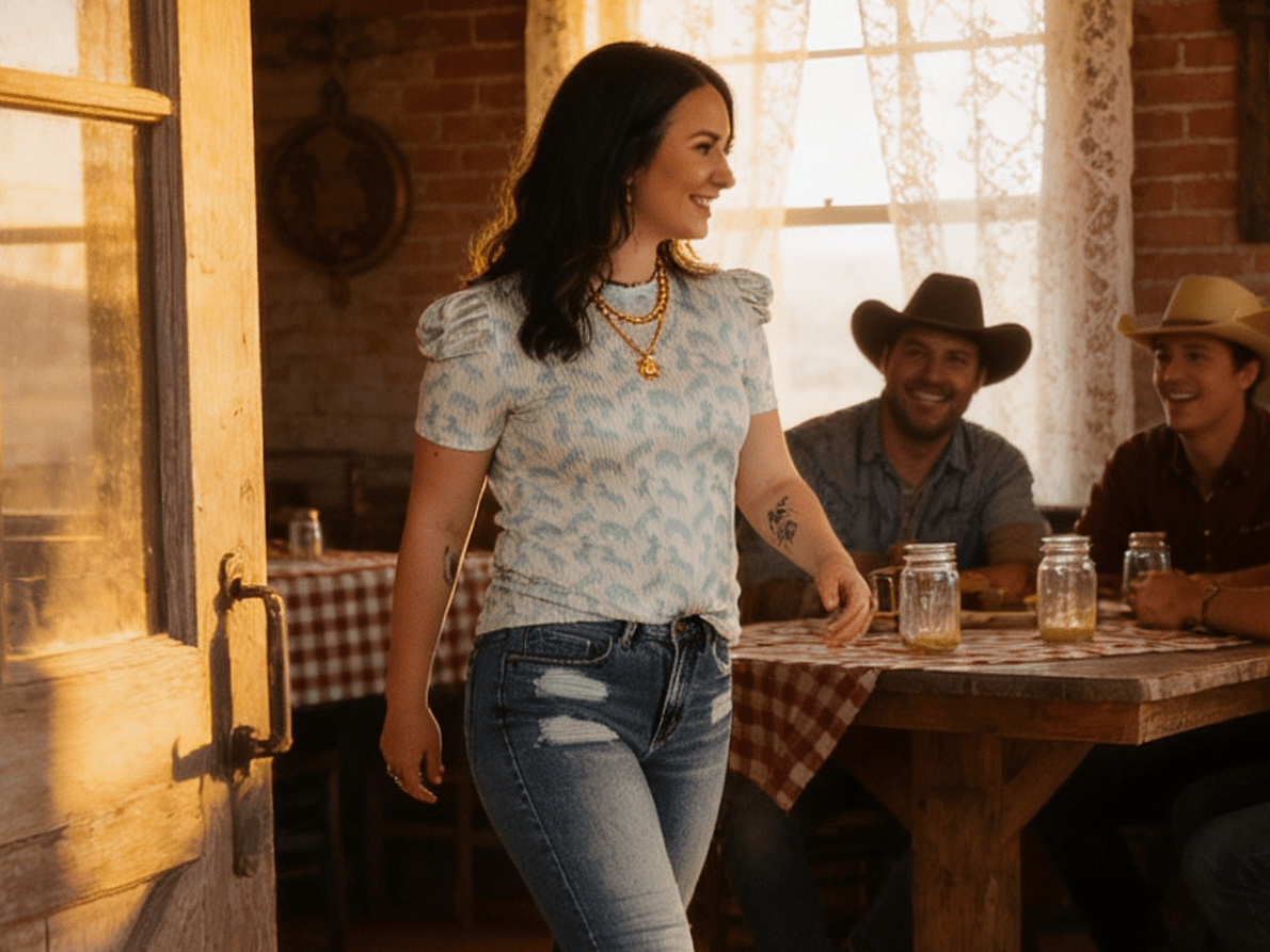 LUCKY & BLESSED Mint Horse Print Puff Sleeve Western Ribbed Top — Allover Horse Print Cowgirl Staple
