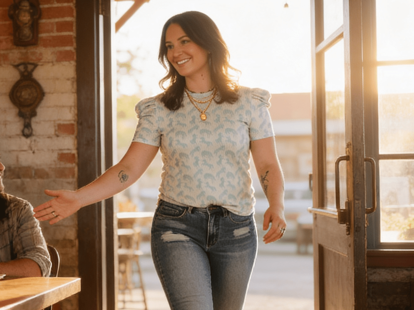 LUCKY & BLESSED Mint Horse Print Puff Sleeve Western Ribbed Top — Allover Horse Print Cowgirl Staple