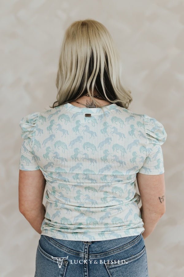LUCKY & BLESSED Mint Horse Print Puff Sleeve Western Ribbed Top — Allover Horse Print Cowgirl Staple