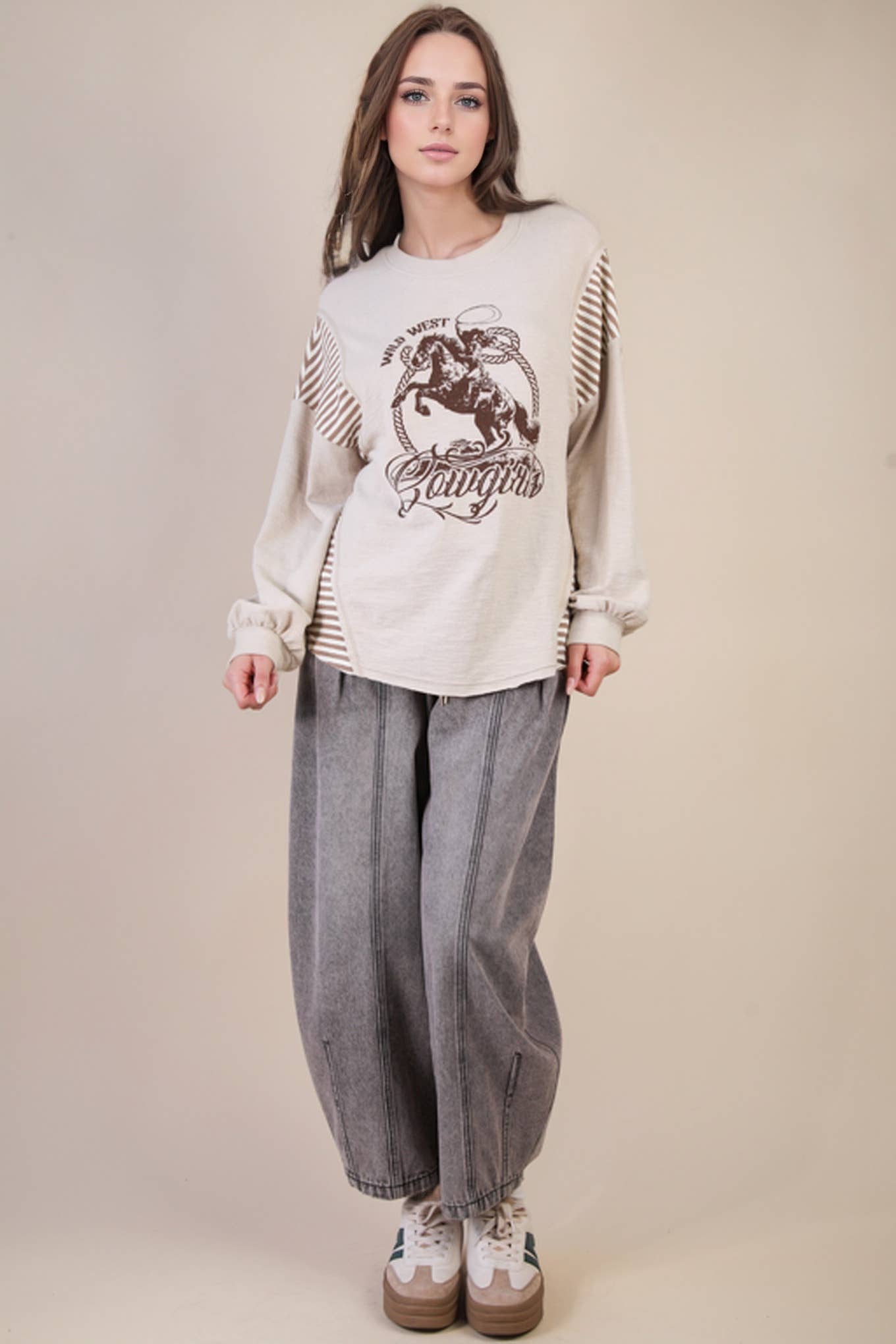 VERY J "Wild West Cowgirls" Western Graphic Knit Top — Oversized Mixed Media (Taupe or Olive)