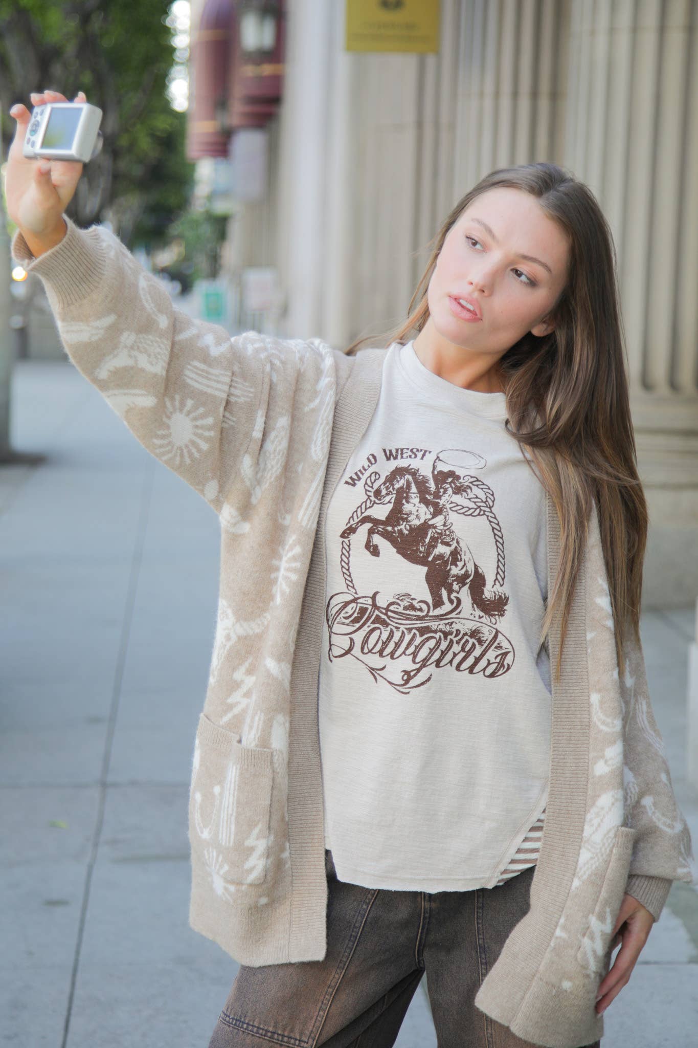 VERY J "Wild West Cowgirls" Western Graphic Knit Top — Oversized Mixed Media (Taupe or Olive)