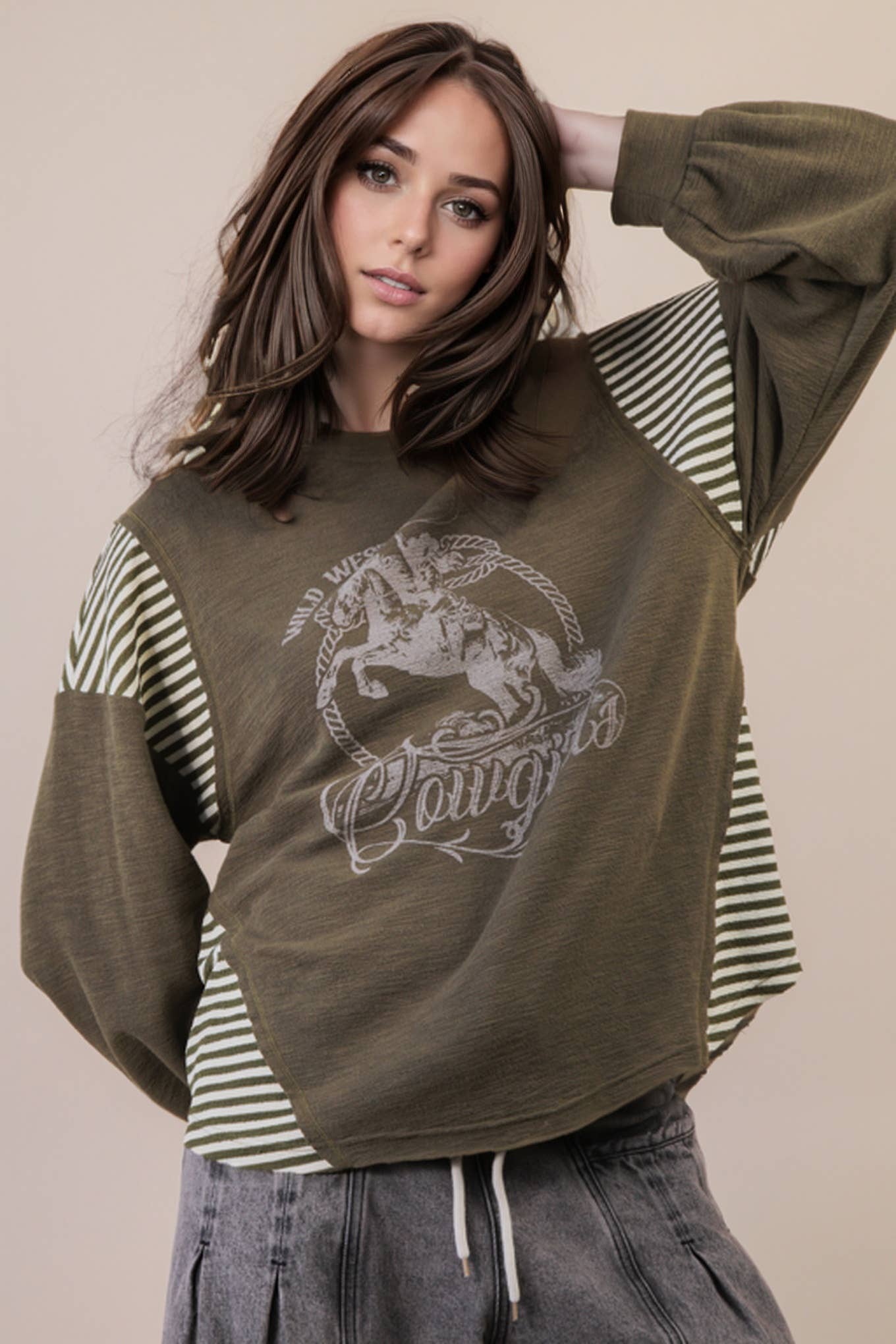 VERY J "Wild West Cowgirls" Western Graphic Knit Top — Oversized Mixed Media (Taupe or Olive)