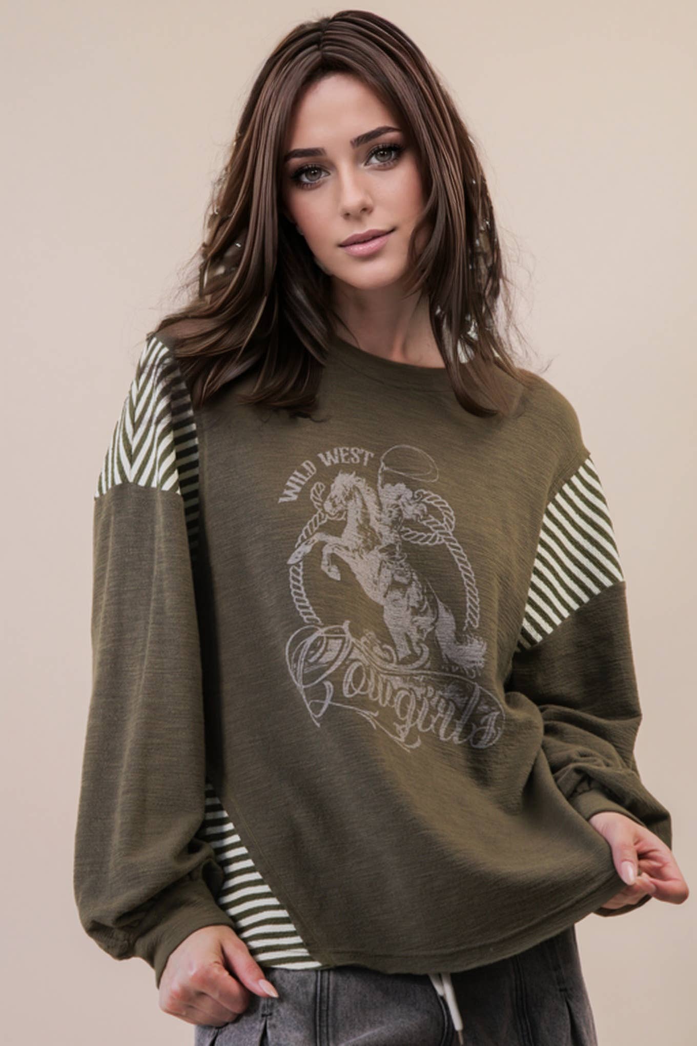 VERY J "Wild West Cowgirls" Western Graphic Knit Top — Oversized Mixed Media (Taupe or Olive)