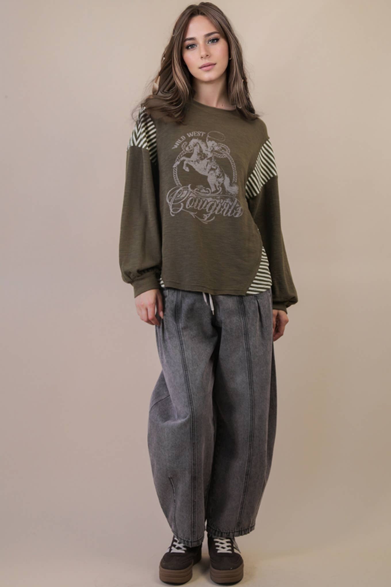 VERY J "Wild West Cowgirls" Western Graphic Knit Top — Oversized Mixed Media (Taupe or Olive)